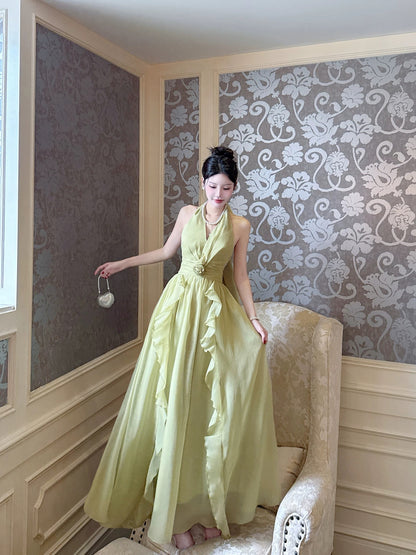 Neckholder A-Linie Grünes Ballkleid mit Rüschen Formales Partykleid J7298