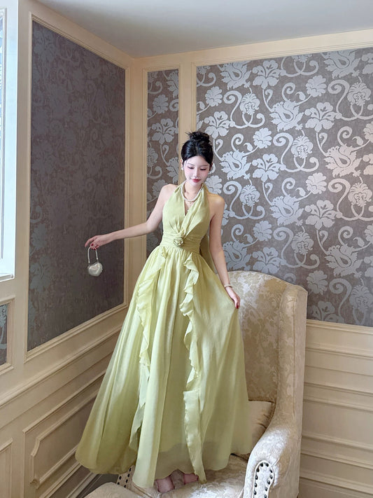 Neckholder A-Linie Grünes Ballkleid mit Rüschen Formales Partykleid J7298