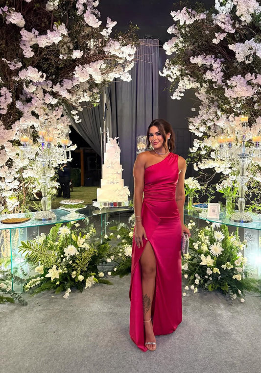 Robe de soirée formelle en satin à une épaule, robes de demoiselle d'honneur J7028