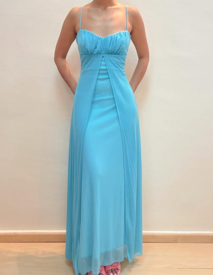 Spaghetti straps A Line Blue Vintage Long Prom Dress Formal Party Dress J8581