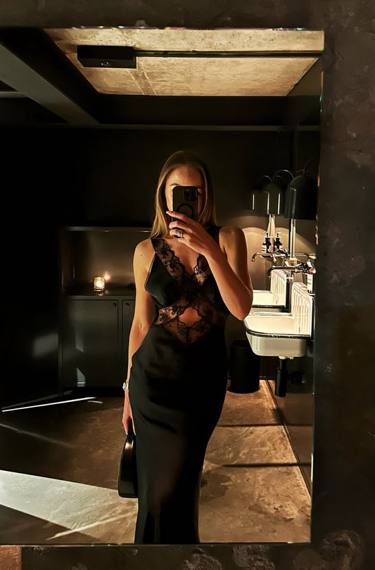 Lace V Neck Sheath Long Prom Dress Satin Evening Dress J7931