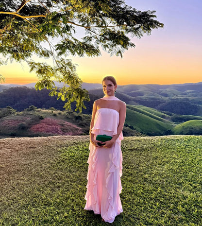 Strapless Pink Ruffle Prom Dress Chiffon Wedding Guest Dress J7022