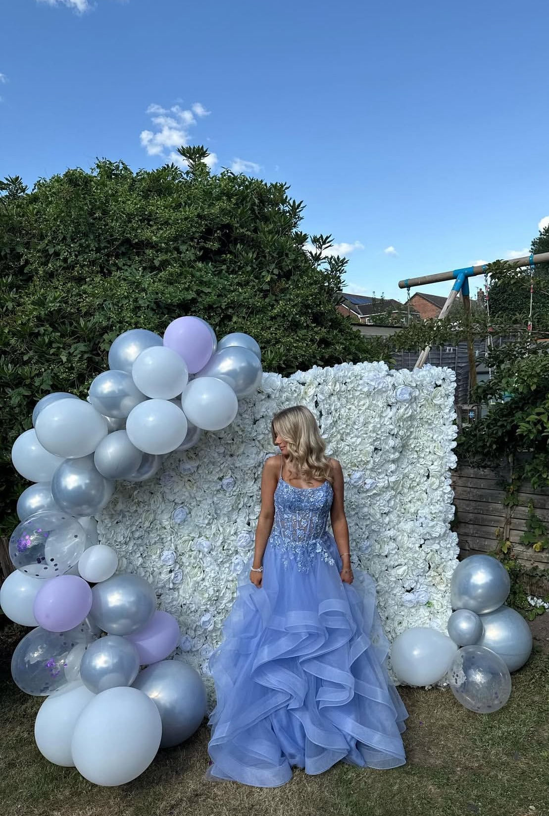 Robe de bal longue bleue à bretelles spaghetti et coupe trapèze, en tulle appliqué, robe de remise de diplôme J7916