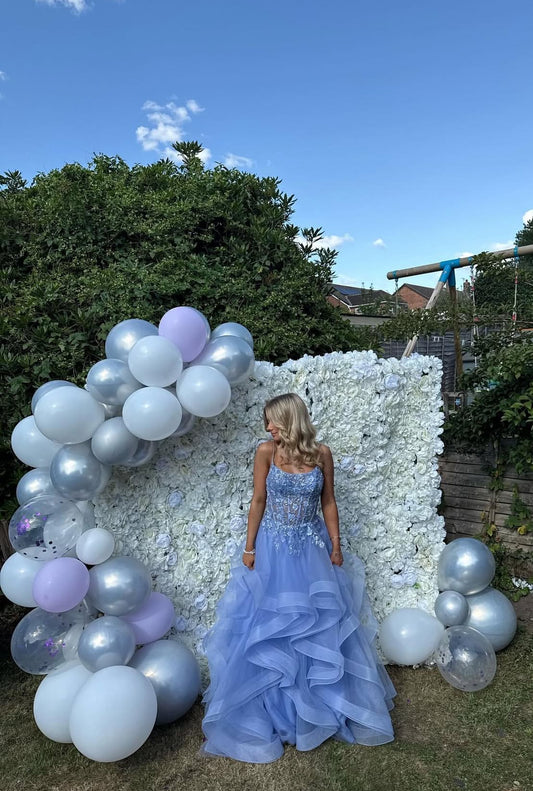 Spaghettiträger Blau A-Linie Langes Ballkleid Applikation Tüll Abschlusskleid J7916