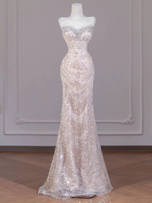 Robe de bal sirène à paillettes et décolleté en cœur, robe de soirée scintillante J7094