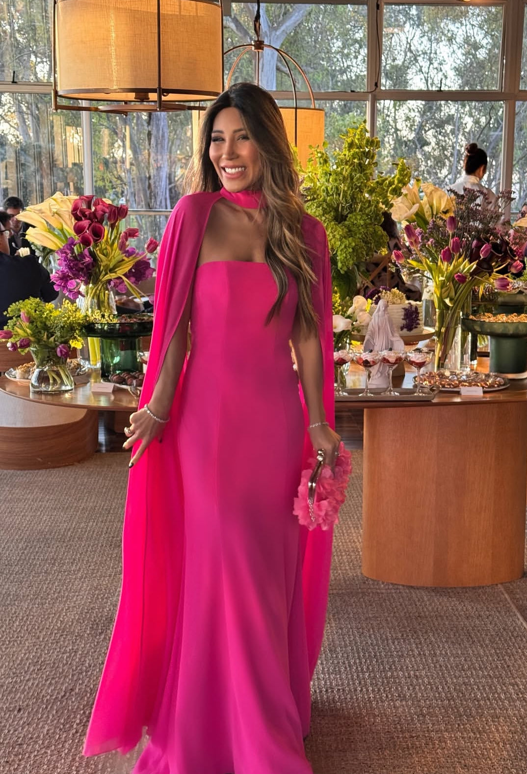 Robe de soirée rose vif en mousseline de soie pour invité de mariage J7820