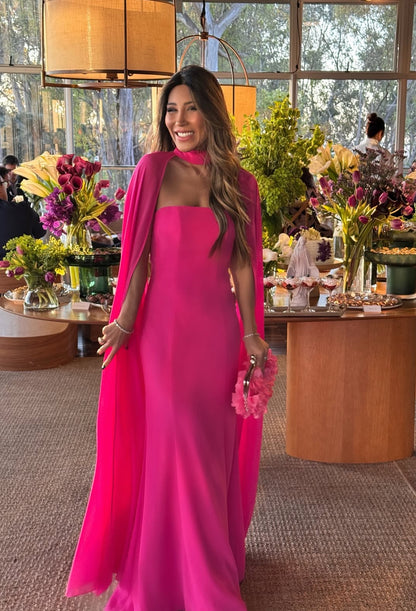 Robe de soirée rose vif en mousseline de soie pour invité de mariage J7820