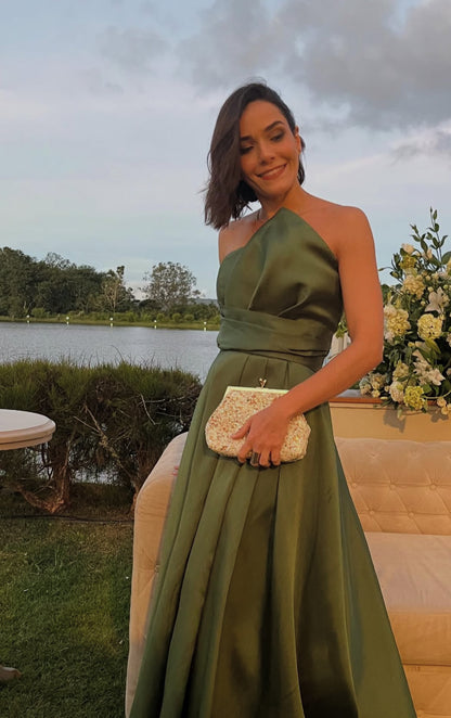 Robe de bal longue verte trapèze, robe de soirée formelle pour invité de mariage J8021