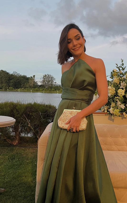 Robe de bal longue verte trapèze, robe de soirée formelle pour invité de mariage J8021