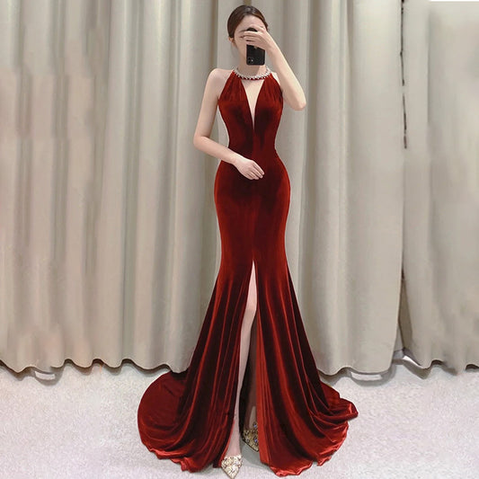 Deep V Neck Burgundy Mermaid Velvet Long Evening Dress Backless Tassel Party Gown with Slit 264