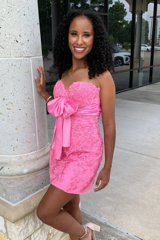 Sweetheart Pink Strapless Bodycon Homecoming Dress with Applique J6988