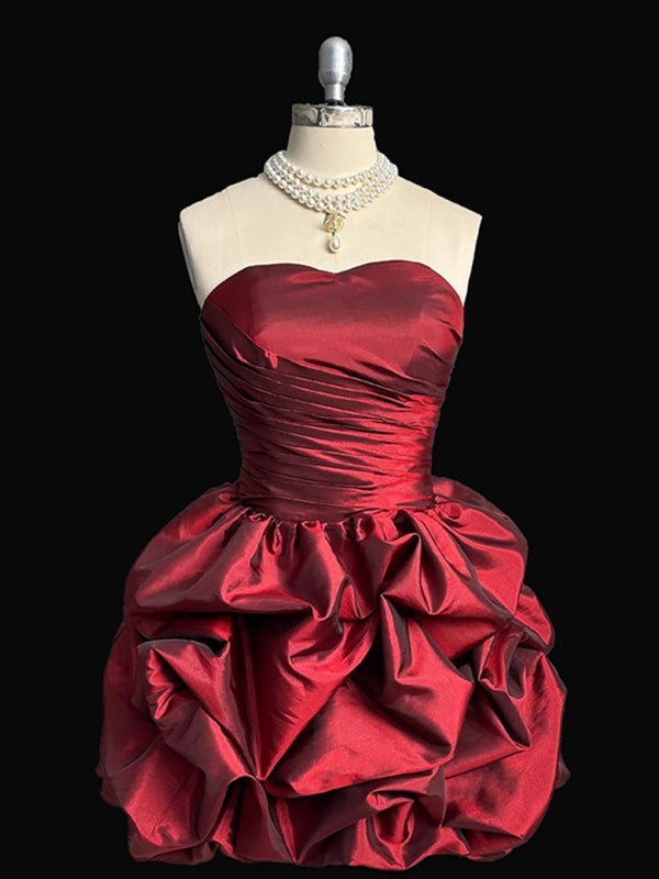 Weinrotes trägerloses kurzes Homecoming-Kleid, kurzes Ballkleid J8380