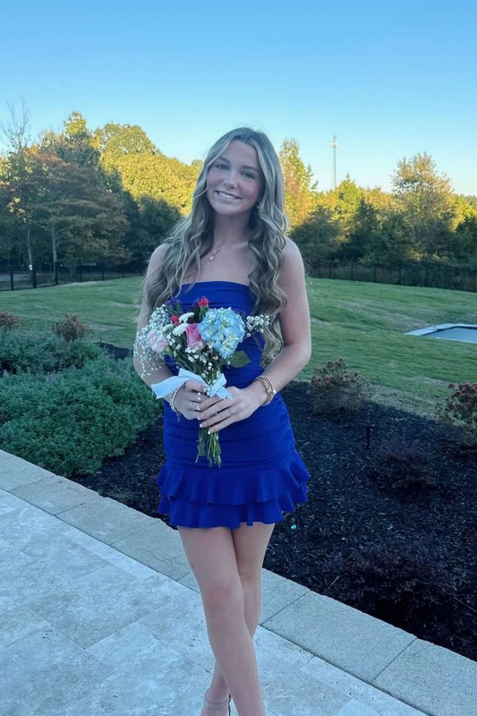 Trägerloses, königsblaues, kurzes Homecoming-Kleid J7276