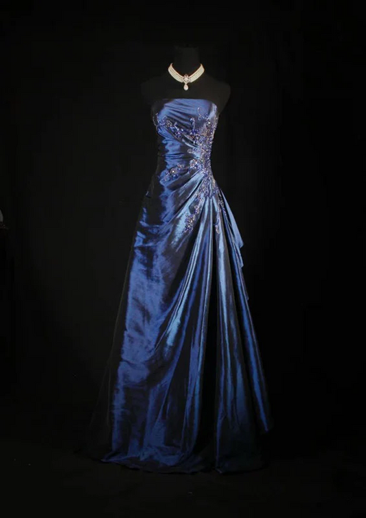 Robe de bal longue bleu marine à col en V et perles J8601