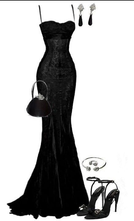Meerjungfrau Spaghettiträger Schwarz Spitze Langes Ballkleid Geburtstag Outfits J6000
