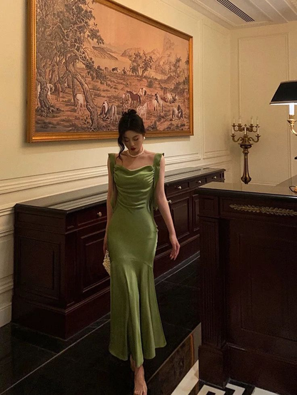 Mermaid Straps Green Satin Prom Dresses Birthday Outfits J6002