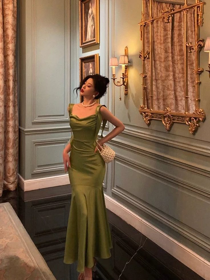 Mermaid Straps Green Satin Prom Dresses Birthday Outfits J6002