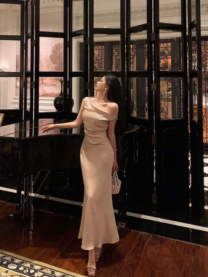 Mermaid One Shoulder Satin Champagne Prom Dresses  J6004