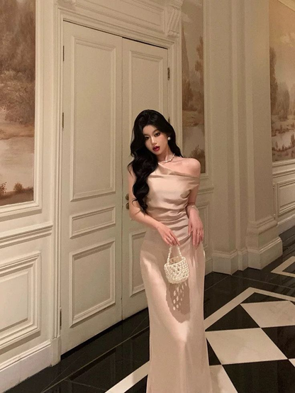 Mermaid One Shoulder Satin Champagne Prom Dresses  J6004