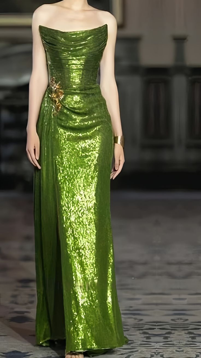 Trägerloses grünes Ballkleid, formelles Abendkleid J6019