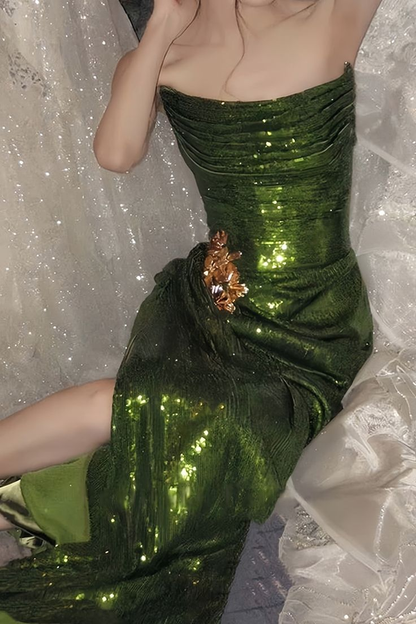 Trägerloses grünes Ballkleid, formelles Abendkleid J6019