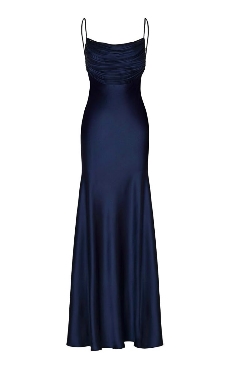 Robe de soirée sirène en satin bleu marine à bretelles spaghetti J6020