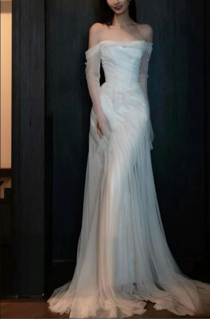 Off The Shoulder Tulle Wedding Dress White Evening Dress J6026