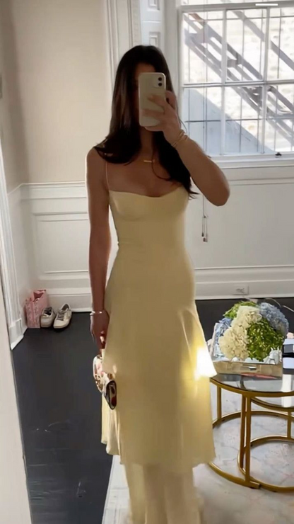 Light Yellow Chiffon Prom Dresses Sheath Spaghetti Straps Party Dress J8099