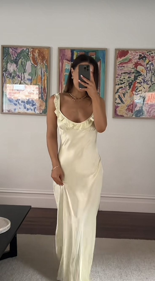 Hellgelbes langes Ballkleid aus Satin mit Rüschen, formelles Kleid J6035