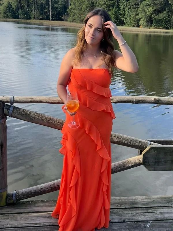 chiffon ruffle prom dress Strapless Long J6041 – JulyProm YGroup_D669 Size:5t line Tiered Ruffle Slit 10 of the best