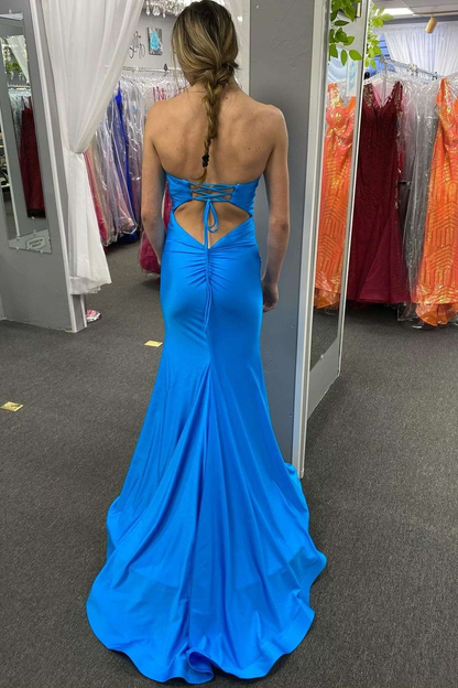 Robe de soirée longue bleu sirène fendue J6047