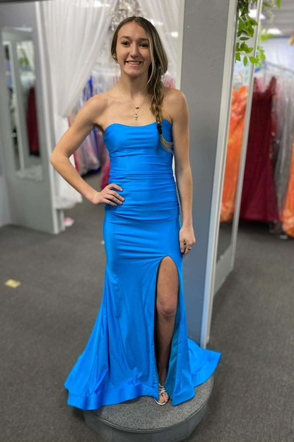 Robe de soirée longue bleu sirène fendue J6047