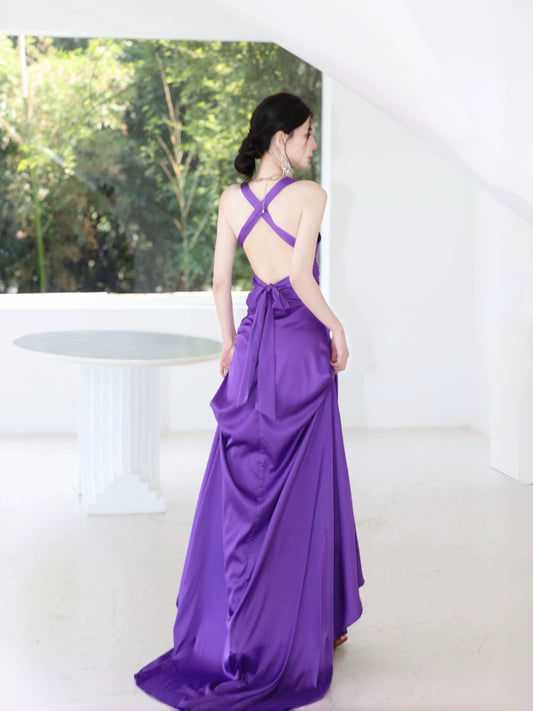V Neck A Line Purple Prom Dress Backless Evening Dress  J7306