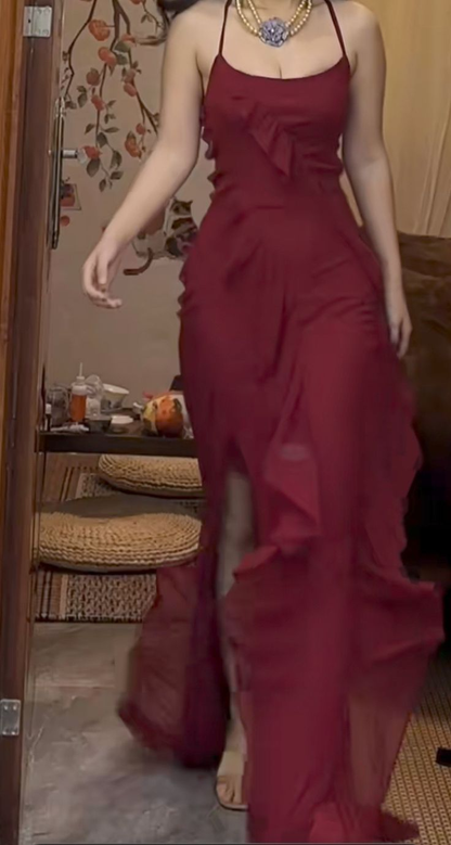 Robe de bal bordeaux à volants et lacets dans le dos J6052