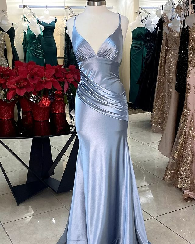 Robe de soirée longue sirène en satin à col en V J6053