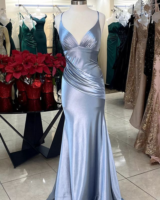 V Neck Mermaid Long Prom Dress Satin Formal Evening Dress J6053