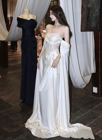 Robe de soirée ivoire à épaules dénudées, robe de bal en satin J6059