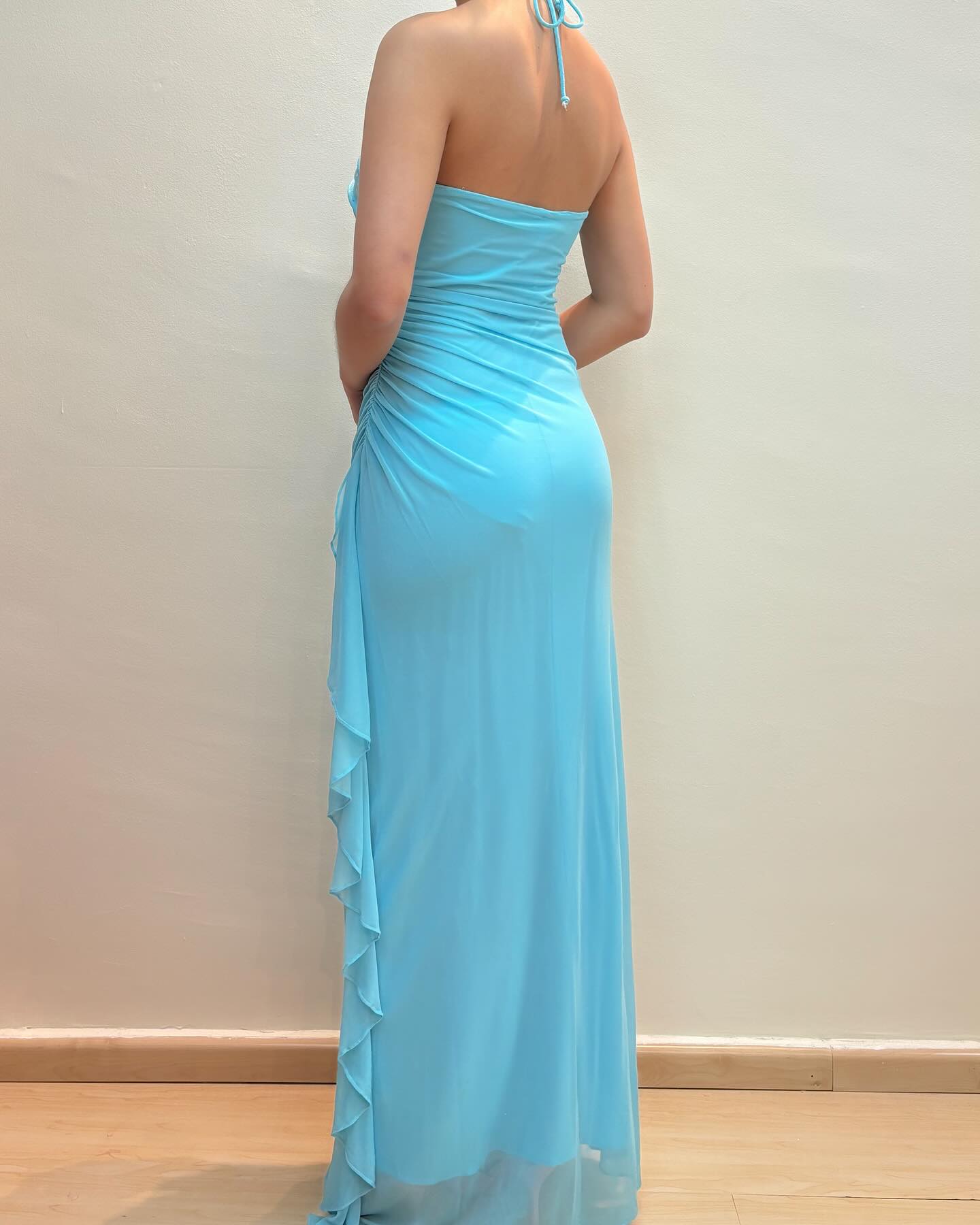 Halter Mermaid Blue Ruffle Prom Dress Vintage Evening Party Dress J6260