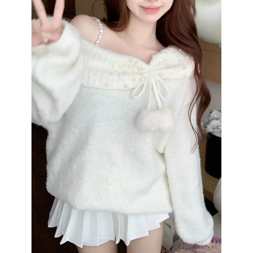 Pull blanc à bretelles et épaules dénudées, joli pull 6060