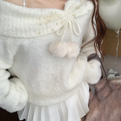 Pull blanc à bretelles et épaules dénudées, joli pull 6060