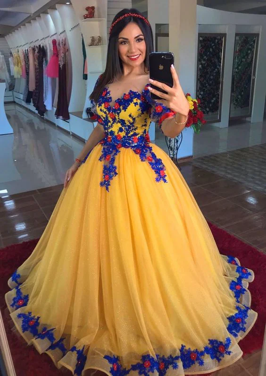 Robe de soirée princesse jaune à fleurs 3D J6067