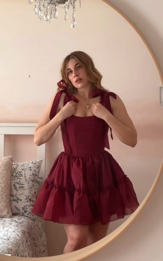 Burgunderrotes kurzes A-Linien-Ballkleid, formelles Heimkehrkleid J6070