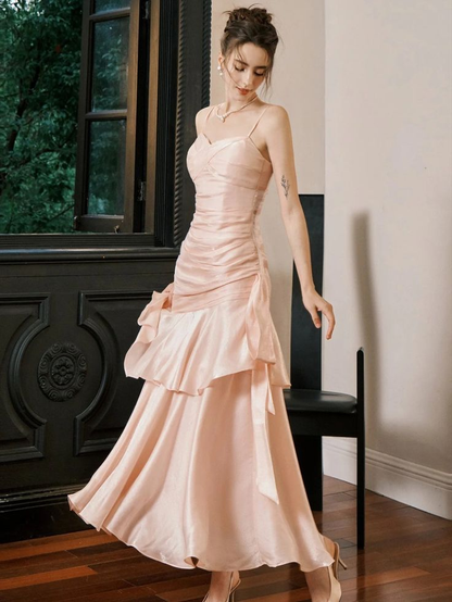 Spaghetti Straps Pink Mermaid Prom Dress Ruffle Evening Dress J6076