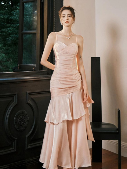 Spaghetti Straps Pink Mermaid Prom Dress Ruffle Evening Dress J6076