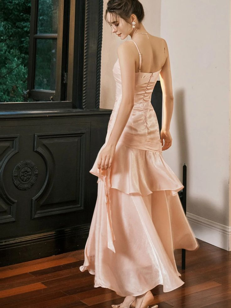 Spaghetti Straps Pink Mermaid Prom Dress Ruffle Evening Dress J6076