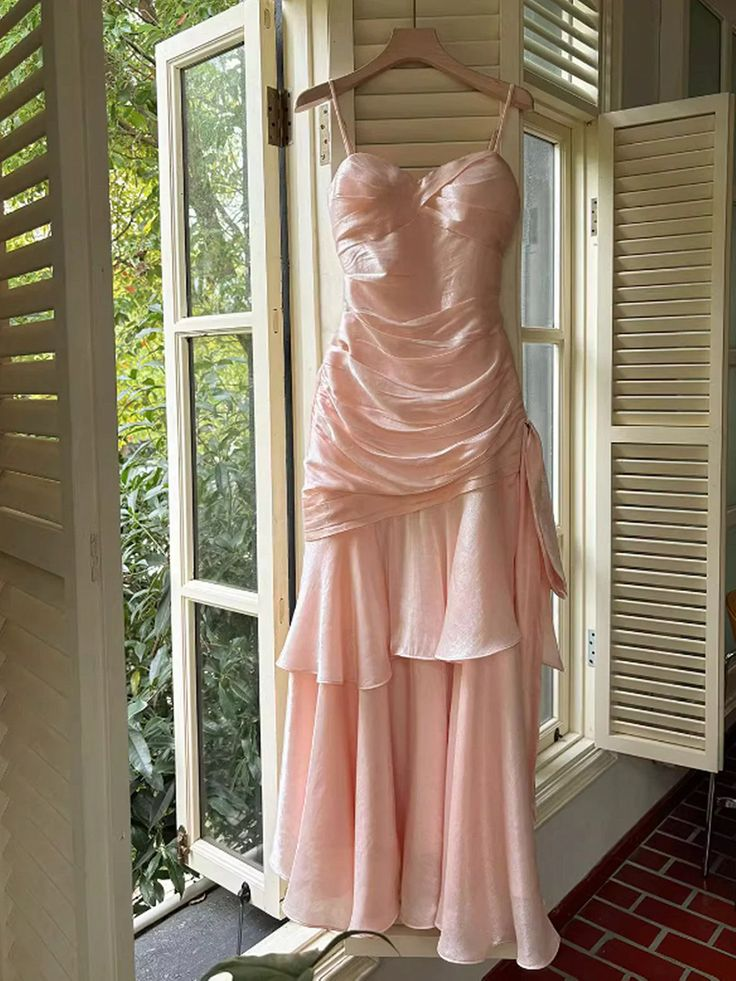 Spaghetti Straps Pink Mermaid Prom Dress Ruffle Evening Dress J6076