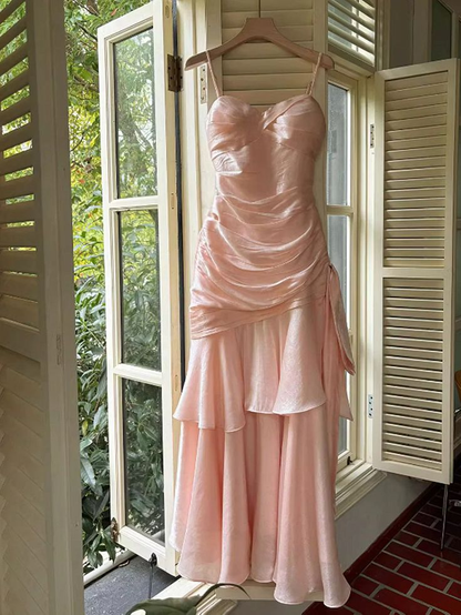 Spaghetti Straps Pink Mermaid Prom Dress Ruffle Evening Dress J6076