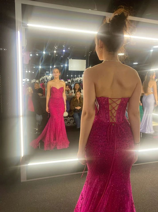 Robe de bal sirène rose vif, robe de soirée longue en dentelle J6078