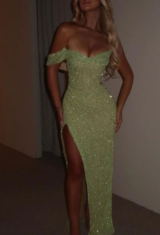 Glitzerndes, schulterfreies Ballkleid mit Schlitz in Salbeigrün mit Pailletten J6081