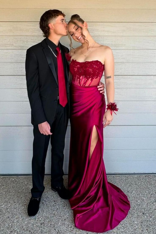 Trägerloses Burgunderrotes Langes Ballkleid mit Applikationen J6084